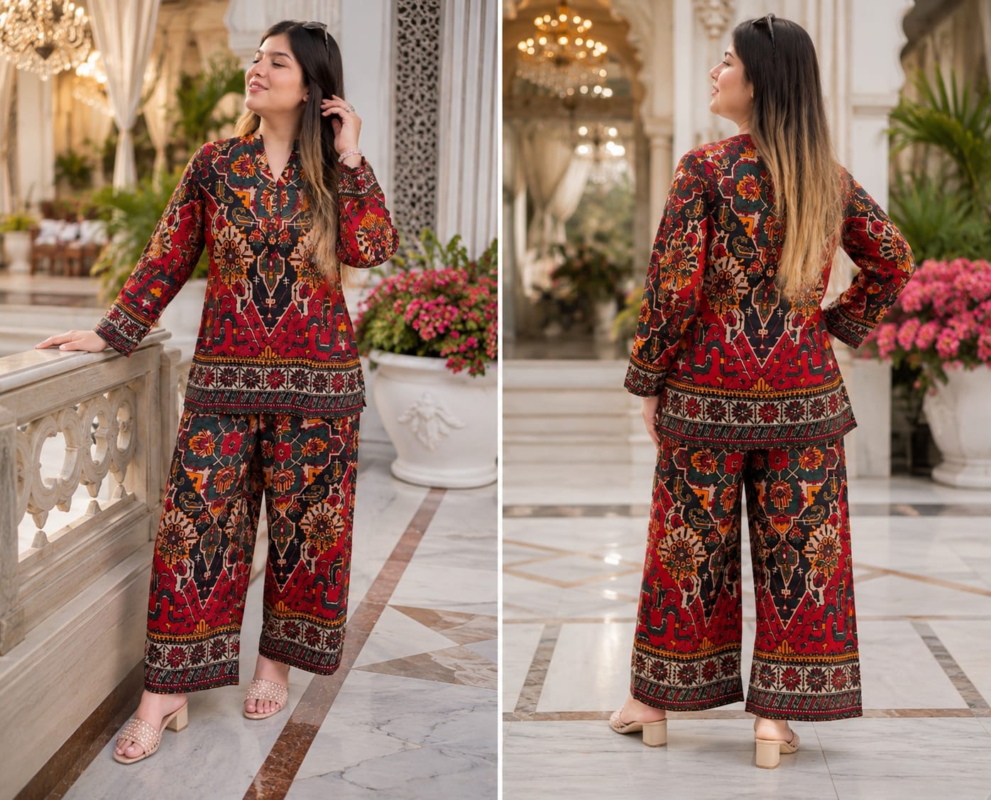 Women’s Printed Co-Ord Set – Elegant Ethnic Floral Kurta & Wide-Leg Pants