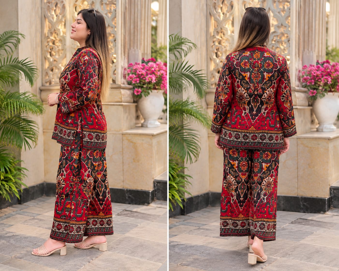 Women’s Printed Co-Ord Set – Elegant Ethnic Floral Kurta & Wide-Leg Pants